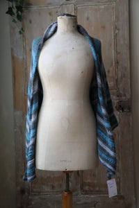 Vintage 1970s Crochet Wool Shawl – Blue Grey Striped Wrap – Boho Knit