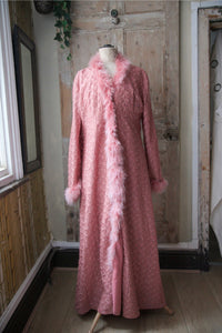 Vintage 1950s embroidered pink dressing gown - original Marabou feather