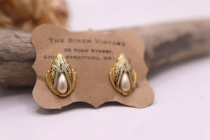 Vintage 1950s gold tone Damascene pearl Clip-on earrings costume jewellery