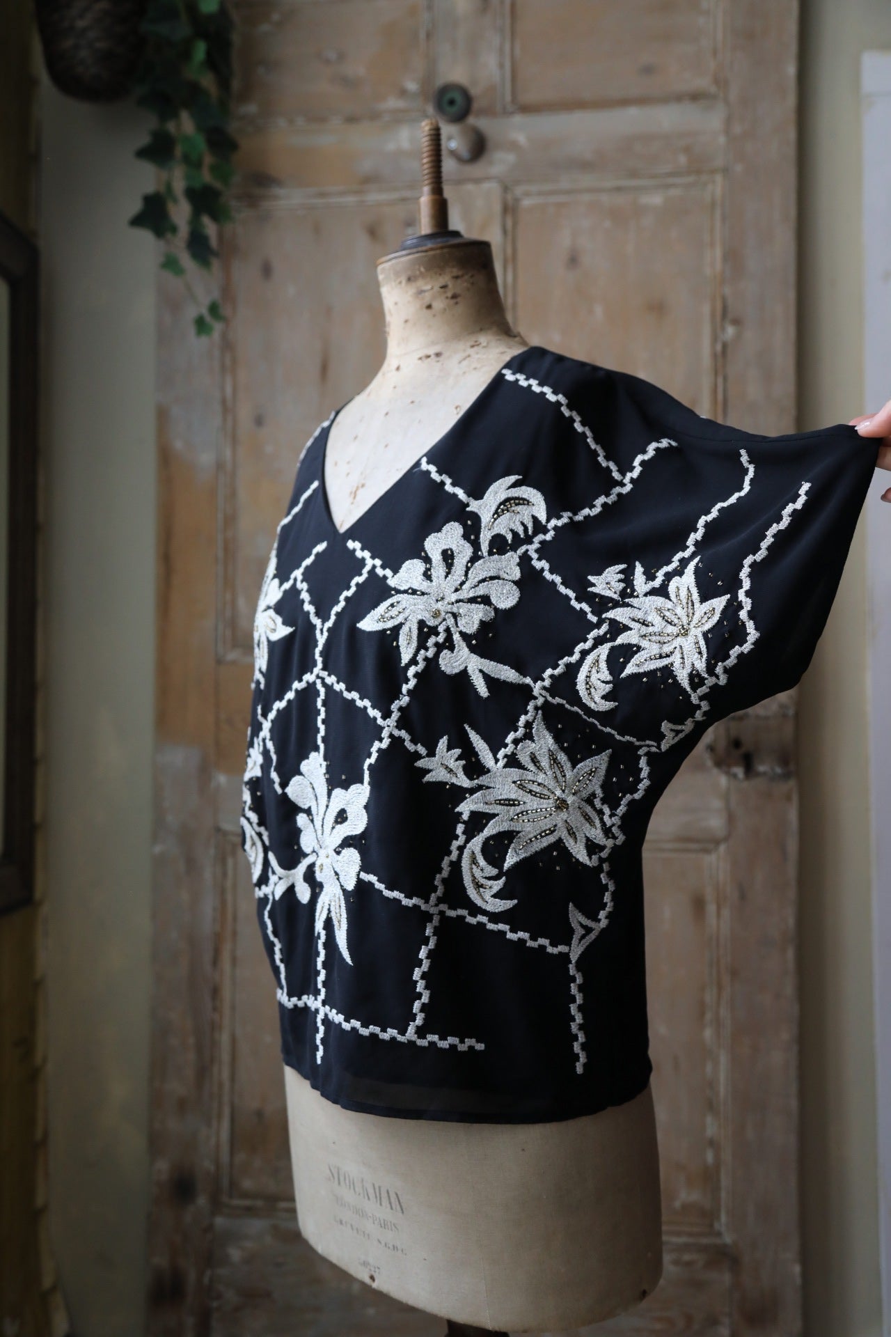 Vintage Y2K Biba blouse - Black with cream embroidery