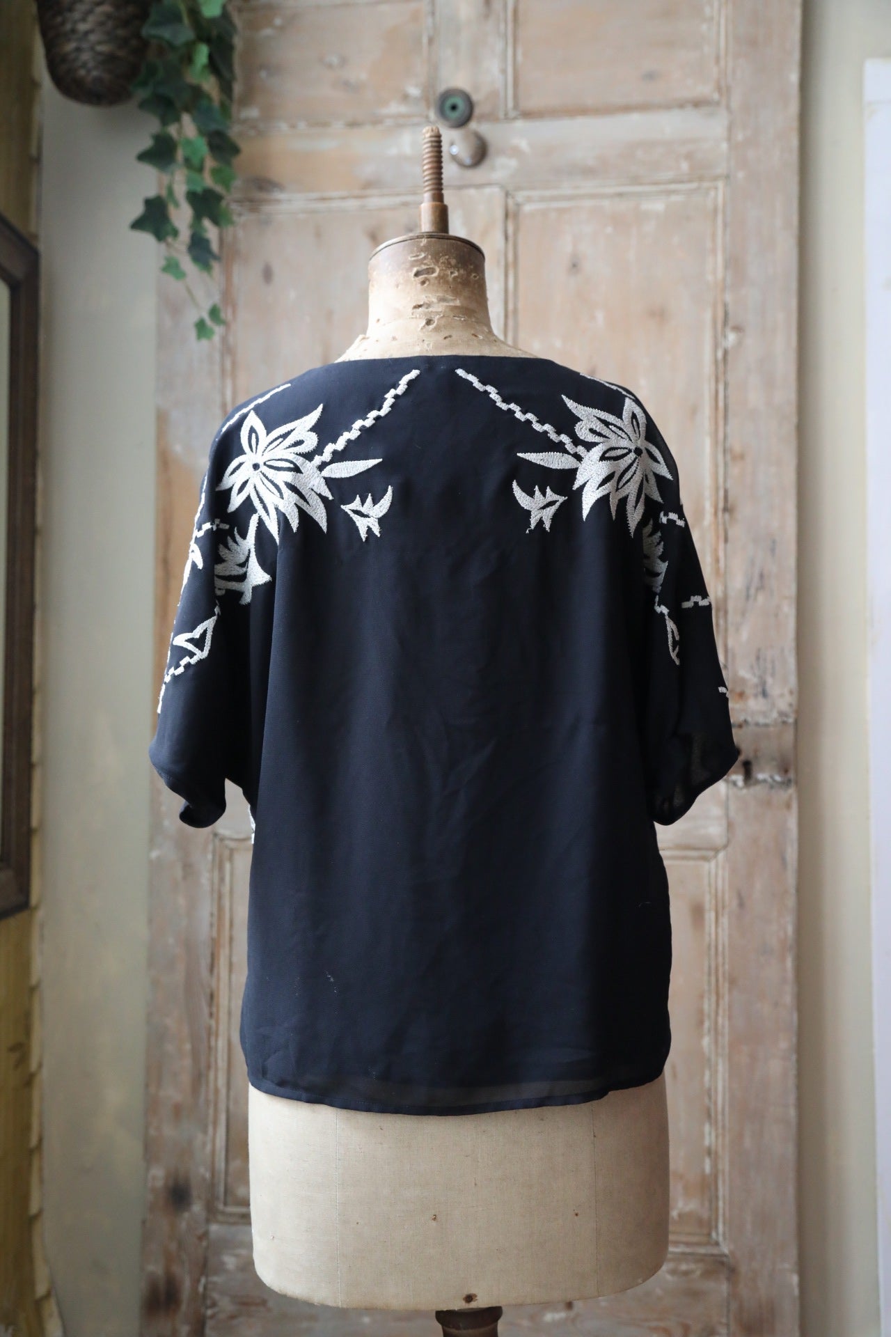 Vintage Y2K Biba blouse - Black with cream embroidery