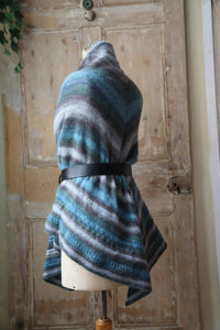 Vintage 1970s Crochet Wool Shawl – Blue Grey Striped Wrap – Boho Knit