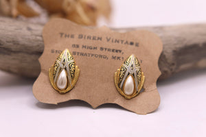 Vintage 1950s gold tone Damascene pearl Clip-on earrings costume jewellery