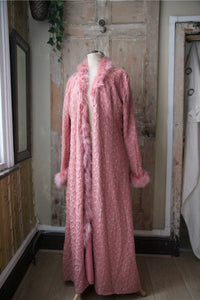 Vintage 1950s embroidered pink dressing gown - original Marabou feather