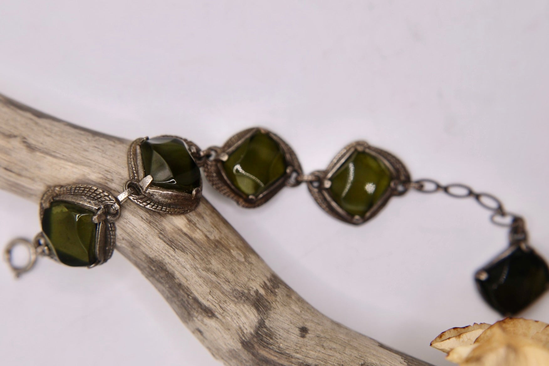 Vintage 1960s statement silver tone green glass bracelet