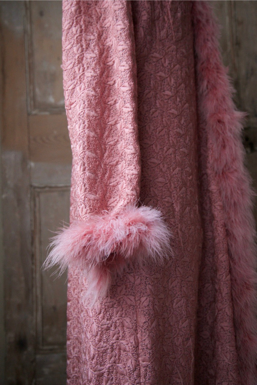 Vintage 1950s embroidered pink dressing gown - original Marabou feather