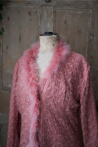 Vintage 1950s embroidered pink dressing gown - original Marabou feather