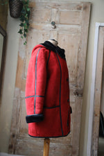 Load image into Gallery viewer, Vintage 1980s bright red and black sheepskin leather coat hood
