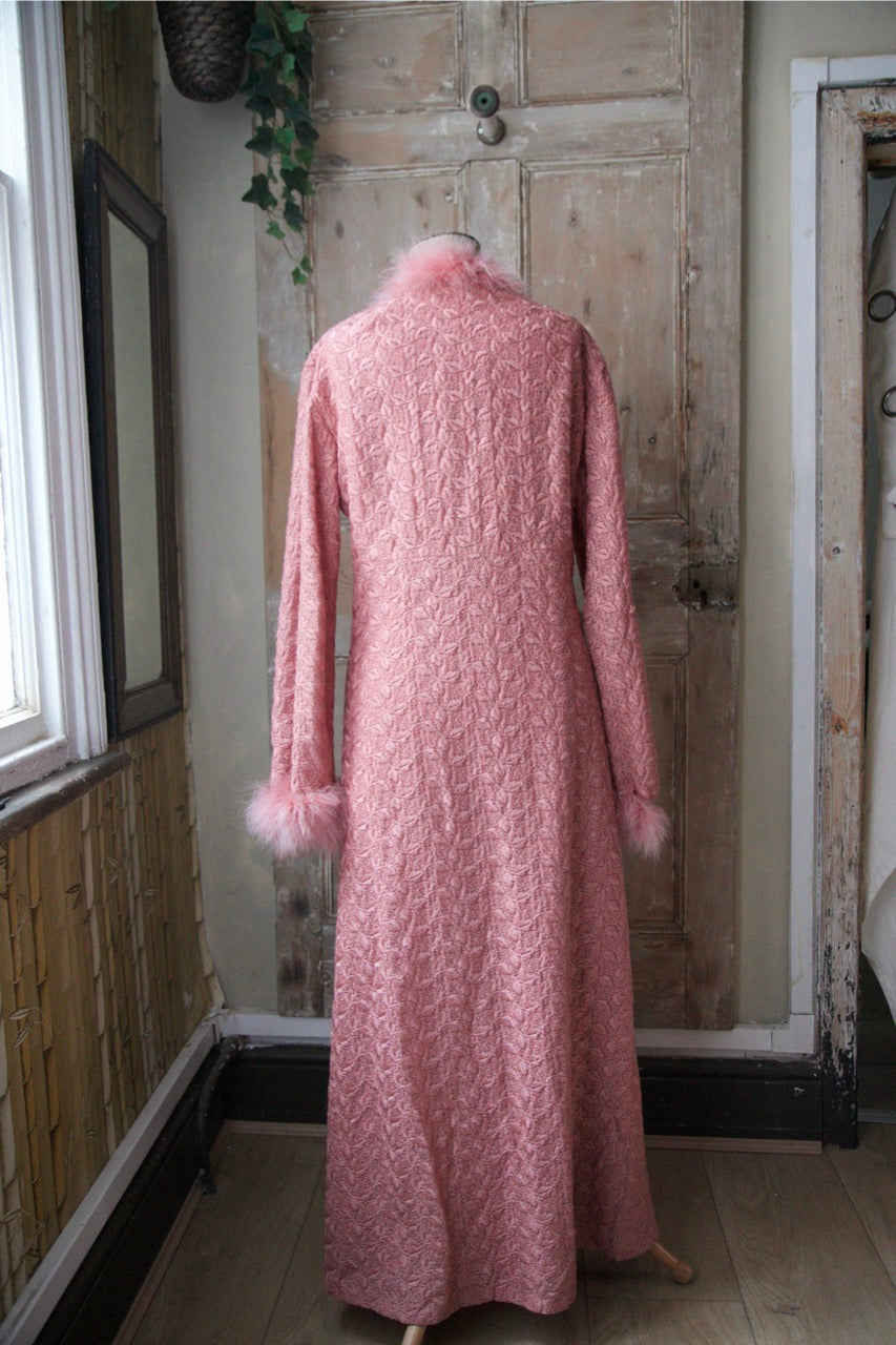 Vintage 1950s embroidered pink dressing gown - original Marabou feather