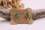 Load image into Gallery viewer, Vintage 1950s rhinestone green gold tone clip on earrings costume jewellery
