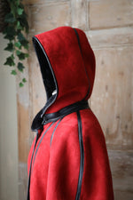 Load image into Gallery viewer, Vintage 1980s bright red and black sheepskin leather coat hood
