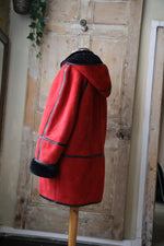 Load image into Gallery viewer, Vintage 1980s bright red and black sheepskin leather coat hood
