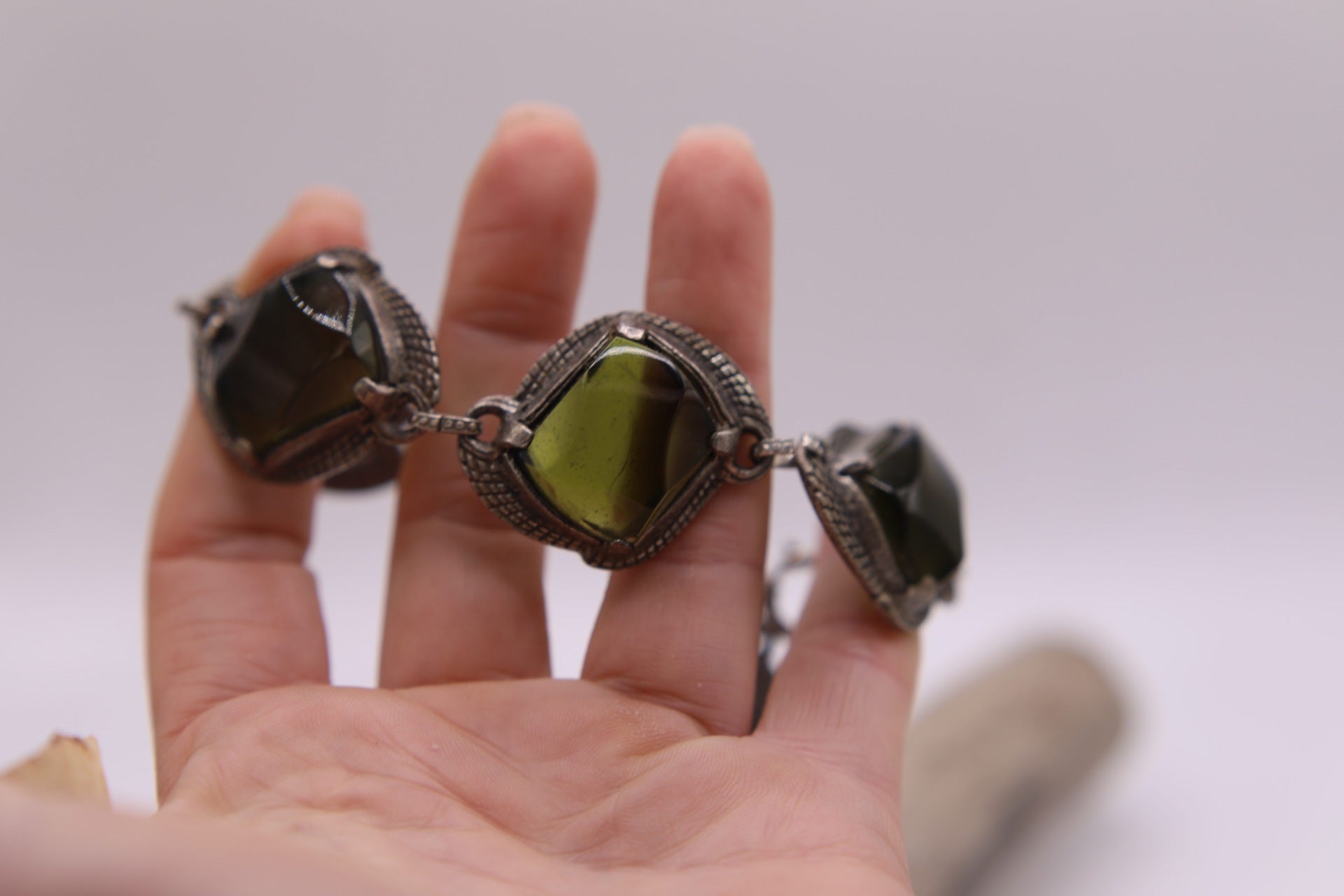 Vintage 1960s statement silver tone green glass bracelet