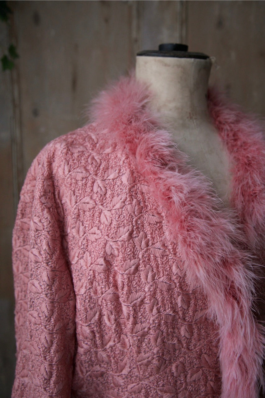 Vintage 1950s embroidered pink dressing gown - original Marabou feather