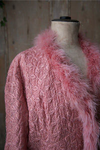 Vintage 1950s embroidered pink dressing gown - original Marabou feather