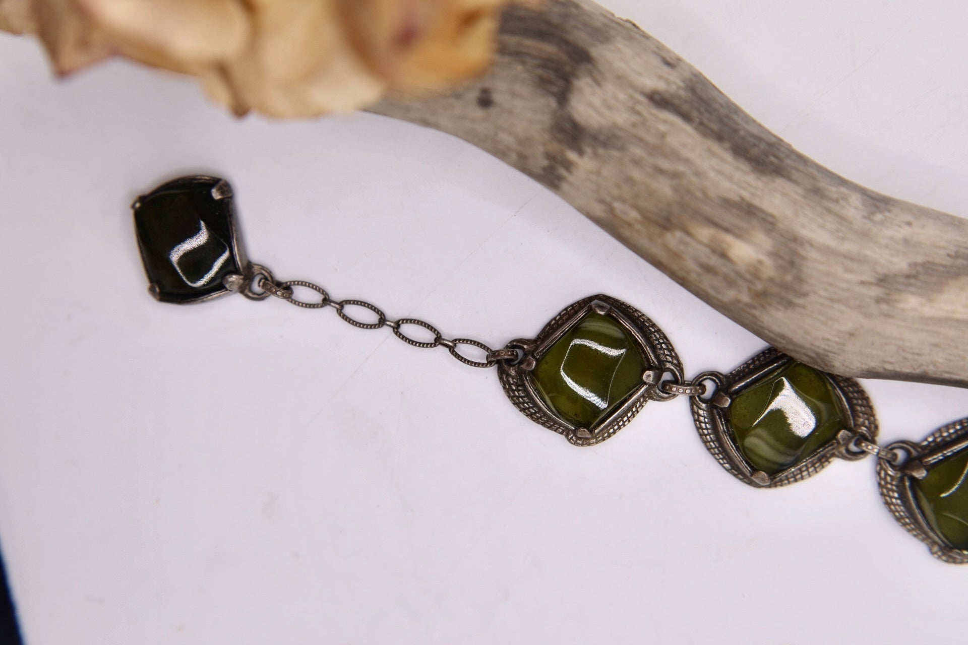 Vintage 1960s statement silver tone green glass bracelet