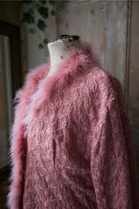 Vintage 1950s embroidered pink dressing gown - original Marabou feather